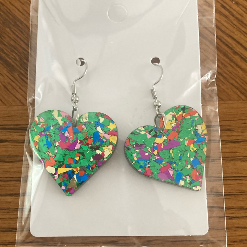 Sparkly Green Heart Earrings.